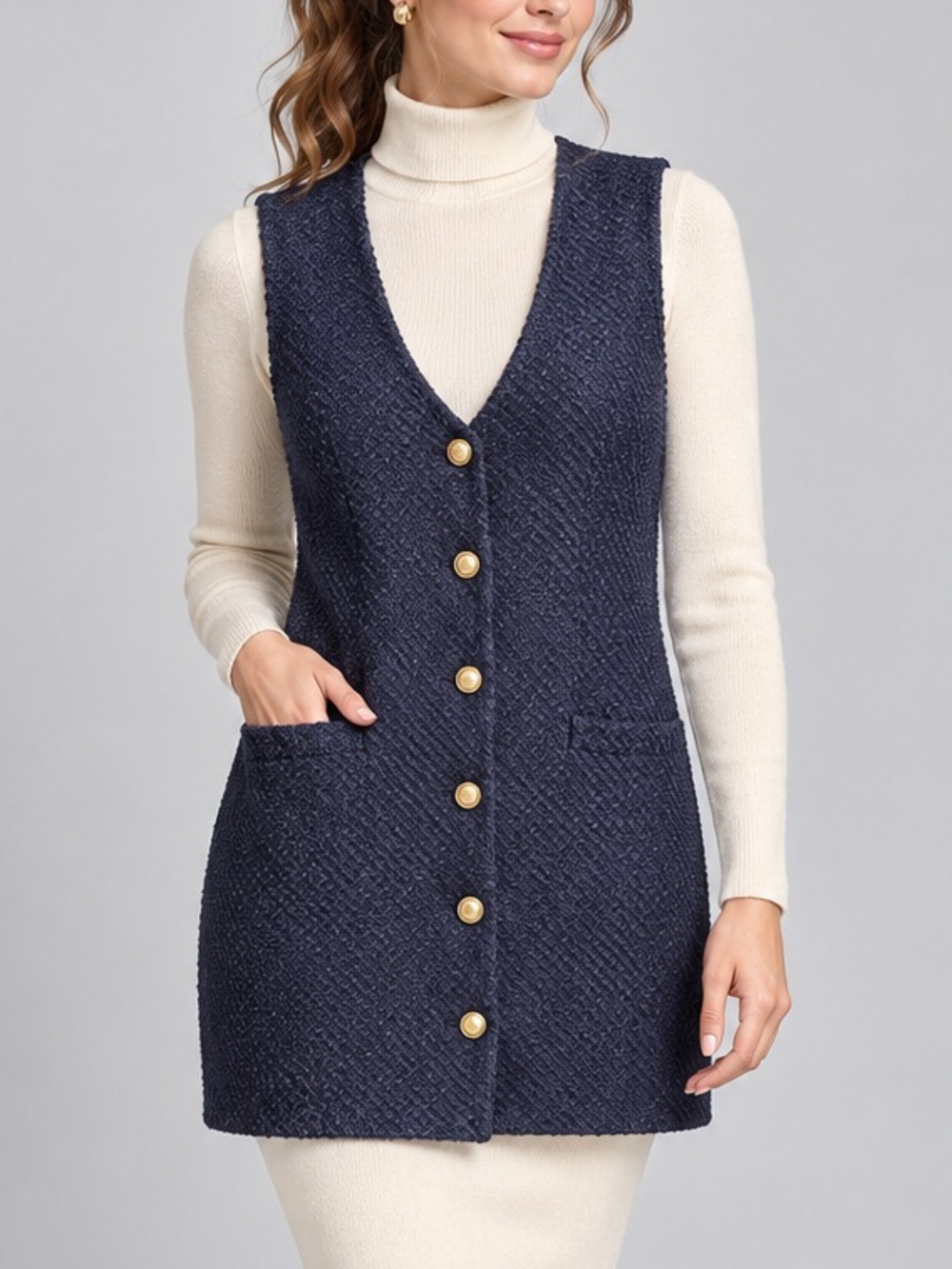 🆕🫐 Bebop XL Navy Tweed Gold Button Sleeveless Mini Dress Vest Lined Classic